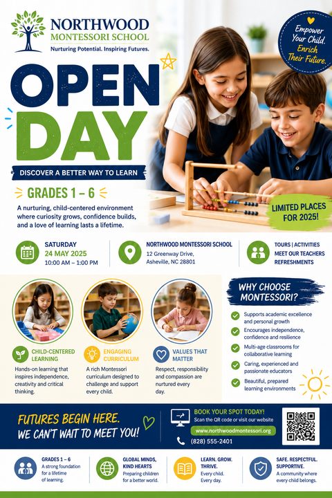 A flyer for a school open day featuring a large photo of two children playing with an abacus, smaller photos of children learning, and sections for event details, curriculum highlights, and contact information.