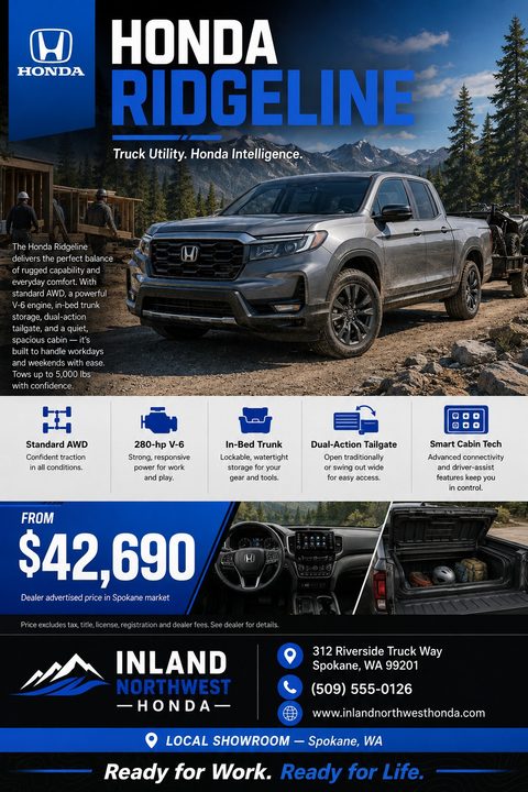 A car dealership flyer featuring a grey pickup truck parked in a rugged outdoor setting with mountains in the background. The flyer highlights features like AWD, engine power, and cabin tech with icons, and displays a starting price of $42,690.