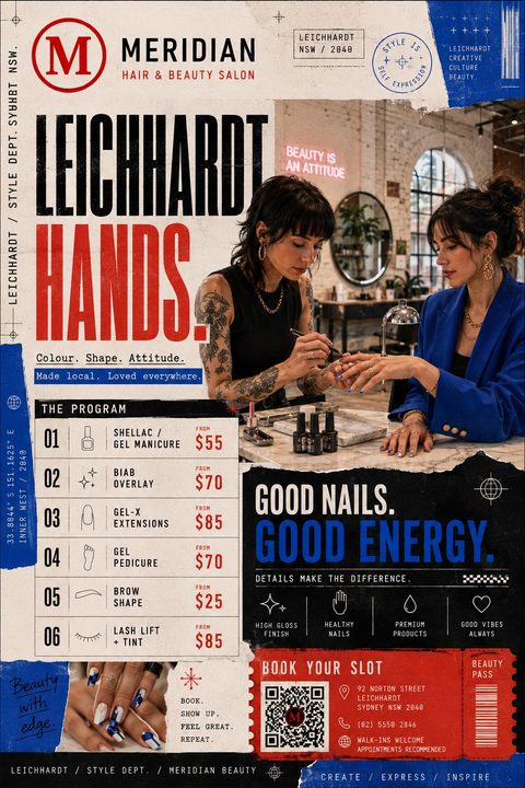 A grunge-style nail salon price list flyer with torn paper edges in off-white, red, and blue. It features a photo of a nail technician working, bold typography, and a detailed service menu.