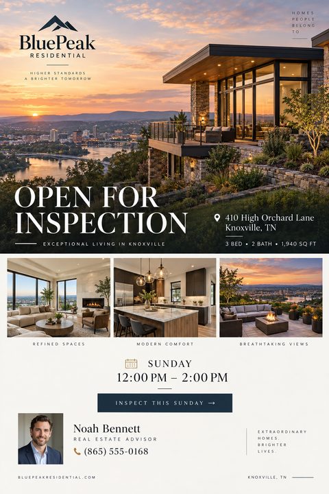 Real estate open house flyer template featuring a large photo of a modern home at sunset overlooking a river, three smaller interior photos, property details, and agent contact information.
