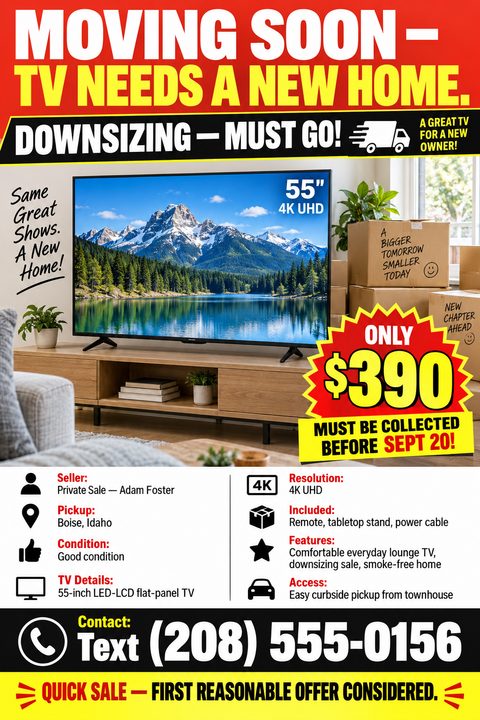 A bold moving sale flyer for a TV. It features a red and yellow header, a large photo of a flat-screen TV among moving boxes, a price starburst, and a detailed specifications section with icons.