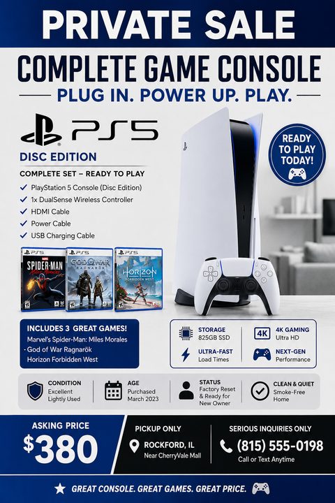 A flyer titled 'Private Sale Complete Game Console' with a photo of a PlayStation 5, controller, and three games. It lists inclusions, specs, condition, asking price of $380, and contact info.
