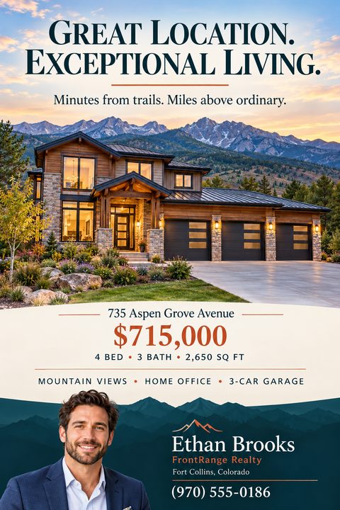 A real estate listing flyer featuring a large photo of a luxury mountain home at sunset. Below, a cream section displays the price and details, followed by a dark teal mountain silhouette with agent information.