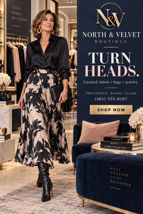 A fashion boutique flyer featuring a woman in a black silk shirt and floral skirt walking through a high-end store. The right side has a navy blue panel with gold text reading 'Turn Heads' and 'Shop Now'.
