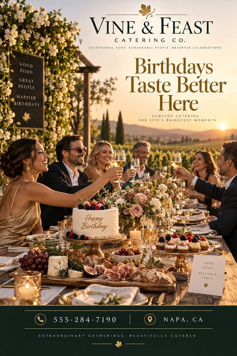 A flyer for Vine & Feast Catering Co. showing a group of people enjoying an elegant outdoor dinner party at sunset in a vineyard, with a birthday cake and charcuterie board on the table.
