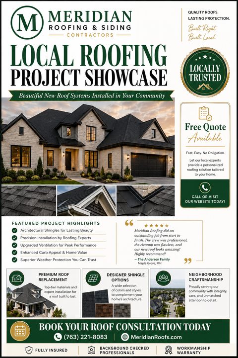 A roofing contractor flyer featuring a large house photo, smaller detail shots, a customer testimonial, service highlights, and a 'Free Quote Available' call to action in dark green and gold.