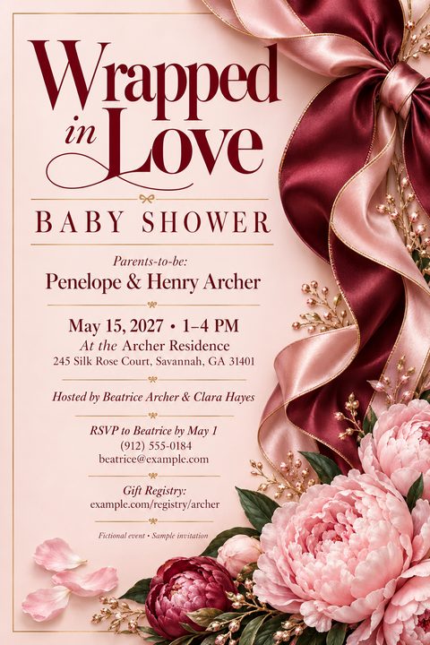 A baby shower invitation flyer with a light pink background. The text 'Wrapped in Love BABY SHOWER' is at the top in burgundy. A large, elegant burgundy and light pink ribbon cascades down the right side, ending in a cluster of pink and burgundy.