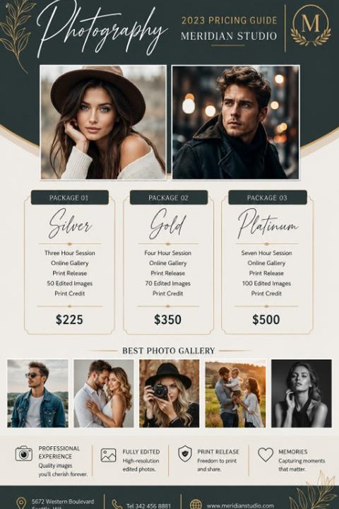 Elegant photography pricing guide flyer featuring a dark green header, gold accents, two large portrait photos, three pricing package columns, and a bottom gallery of five smaller sample photos.