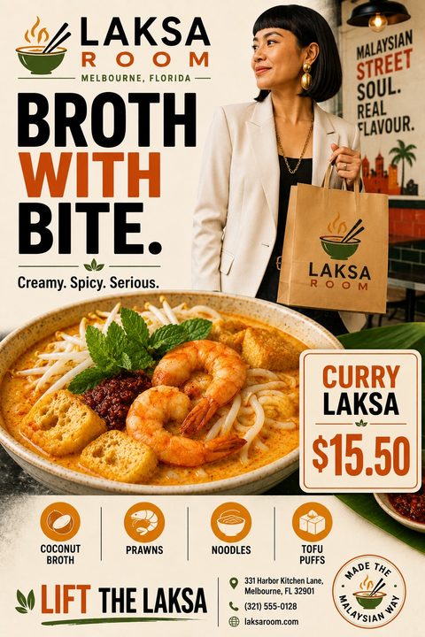Takeaway flyer for an Asian restaurant featuring a large bowl of spicy noodle soup with shrimp and tofu, a woman holding a branded paper bag, and a price tag for Curry Laksa.