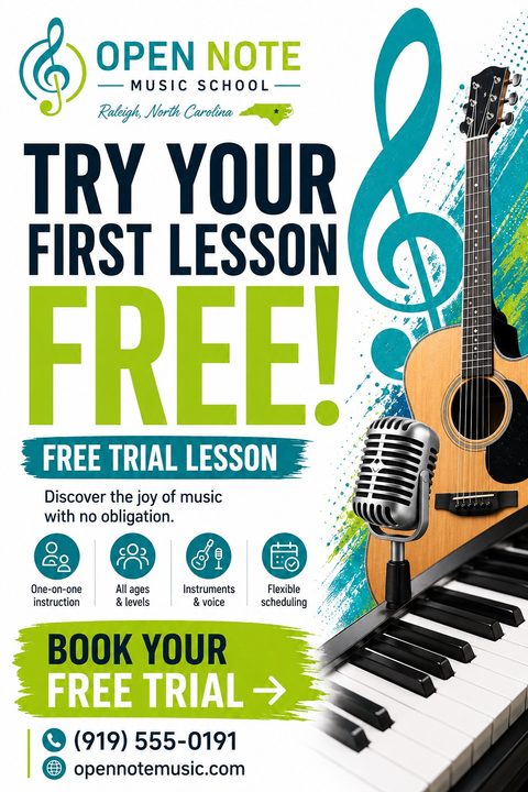 A music school flyer featuring an acoustic guitar, vintage microphone, and piano keyboard against a white background with teal paint splatters and a large treble clef. Bold lime green text offers a free trial.