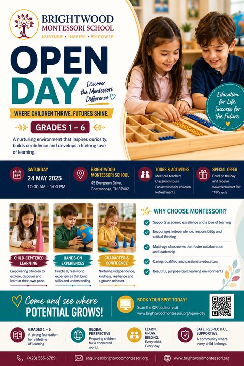 A school open day flyer with a large photo of two children playing with wooden beads. The text reads 'Open Day' and includes event details, reasons to choose Montessori, and a QR code.