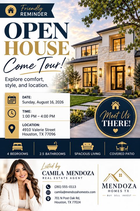 Real estate open house flyer with a large photo of a modern two-story house. Text reads 'Open House Come Tour!' with date, time, location, property features, and agent contact details in navy and gold.