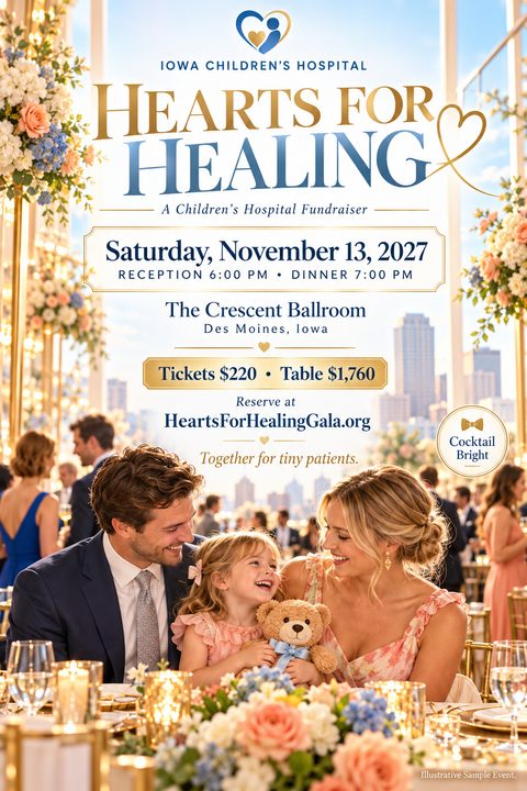 Elegant charity gala fundraiser flyer featuring a photo of a smiling family at a formal dinner table with floral centerpieces. Text includes event details, date, location, and ticket prices.