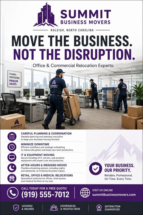 Flyer for Summit Business Movers. Headline reads 'Move the business. Not the disruption.' Shows movers in an office setting. Lists services like careful planning, minimizing downtime, and IT moving.