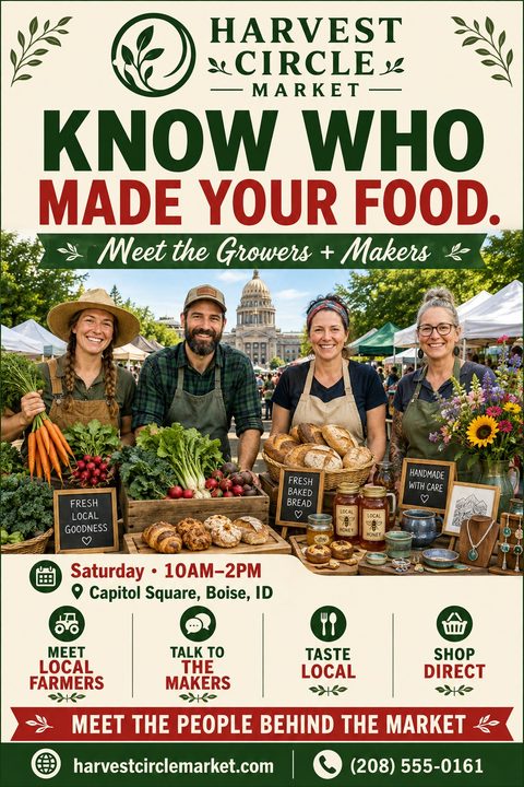 Farmers market flyer template with a photo of four smiling vendors displaying vegetables, bread, honey, and crafts. Text reads 'Know who made your food. Meet the Growers + Makers'. Includes icons for meeting farmers, talking to makers, tasting local.
