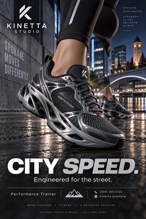 A dynamic flyer featuring a close-up of a person wearing a silver and black athletic shoe stepping on a wet city street at dusk. Bold white text reads 'CITY SPEED.'