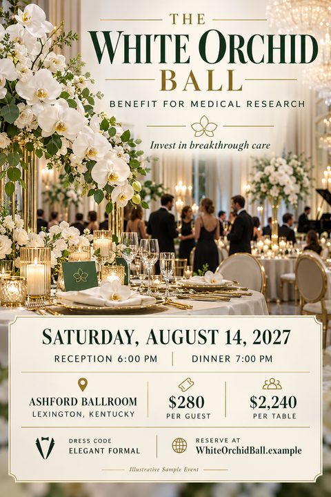 An elegant flyer for a formal charity ball featuring a luxurious ballroom setting with white orchids, gold table settings, and guests in evening wear. Text is dark green and gold on a cream background.