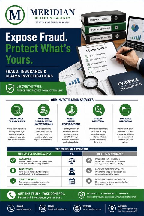 Flyer for Meridian Detective Agency titled 'Expose Fraud. Protect What's Yours.' showing a desk with files, a laptop, and a hand checking off a 'Claim Review' list. Below are icons for investigation services and a comparison chart.