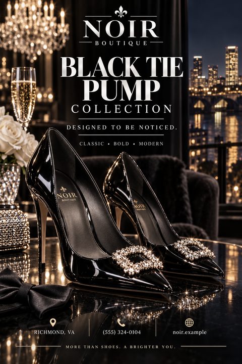 A luxurious flyer featuring a pair of black patent leather high heels with crystal buckles on a reflective surface, set against a backdrop of a city skyline at night and a chandelier.