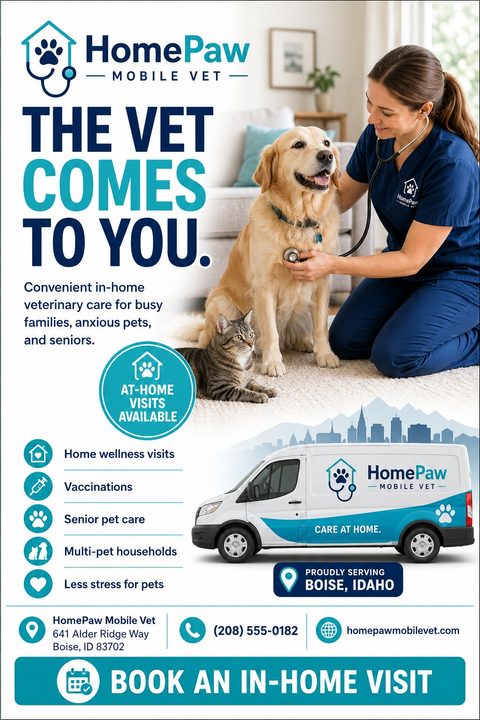 Flyer for a mobile vet service featuring a veterinarian examining a golden retriever and a cat in a living room, with a list of services and a branded van graphic.