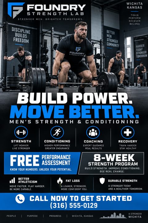 Flyer for Foundry Strength Lab featuring a man deadlifting heavy weights in a gym. Text reads 'Build Power. Move Better. Men's Strength & Conditioning' with icons for strength, conditioning, coaching, and recovery. Offers a free performance.