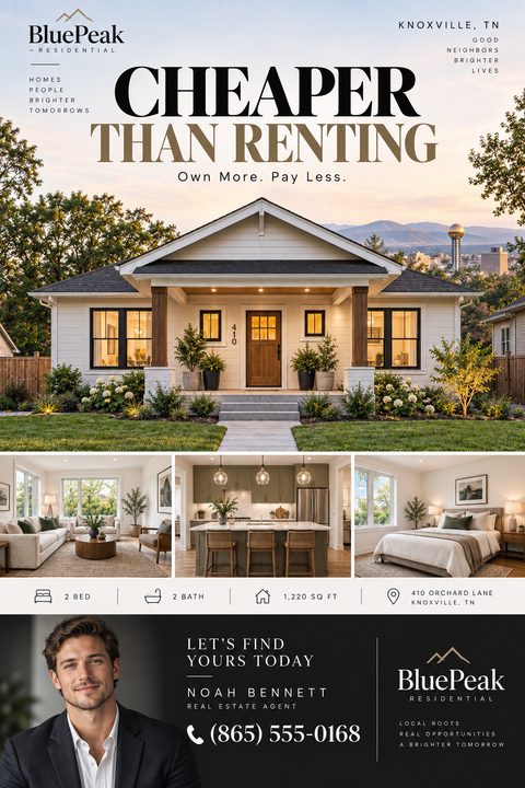 A real estate flyer featuring a large photo of a white house at sunset, three smaller interior photos, property details, and a black footer with an agent's headshot and contact info.
