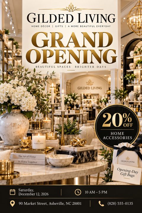 Elegant grand opening flyer for a home decor store. Features a large photo of a beautifully styled store interior with candles, flowers, and decorative items. Text reads 'Grand Opening' in large gold letters, with details for a 20% off sale and.