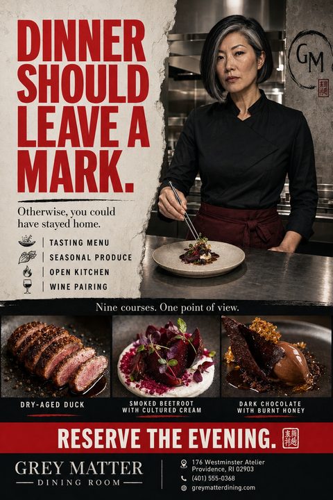 A moody restaurant flyer with a torn paper edge separating bold red text from a photo of a chef plating food. Below are three photos of elegant dishes: duck, beetroot, and chocolate dessert.