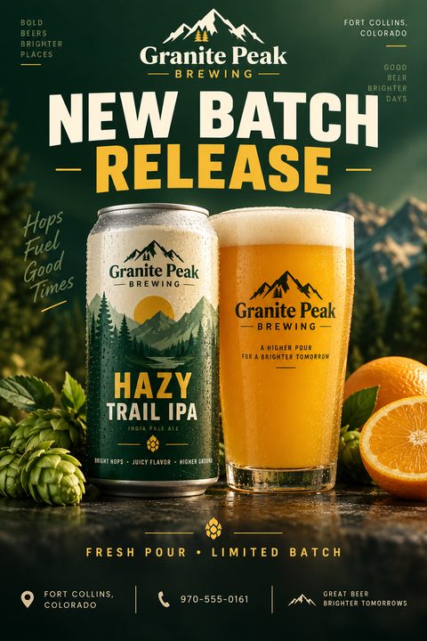 Flyer for a new batch release from a brewery, featuring a can and a glass of hazy IPA surrounded by fresh hops and sliced oranges against a mountain backdrop.