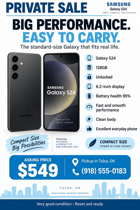A modern flyer for selling a smartphone, featuring a white background with blue text, a large image of a phone, a bulleted list of specs with icons, and a prominent blue price banner.