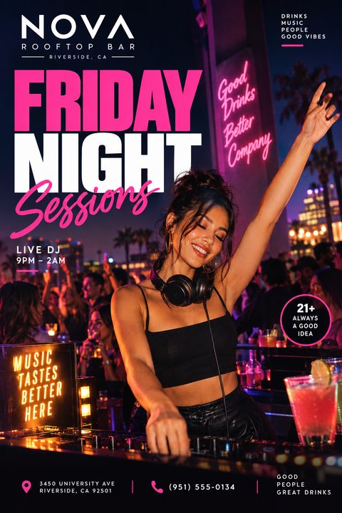 A vibrant flyer for a Friday night DJ event featuring a smiling female DJ at a rooftop bar. Bold pink and white text overlays the lively party scene, with neon signs in the background.