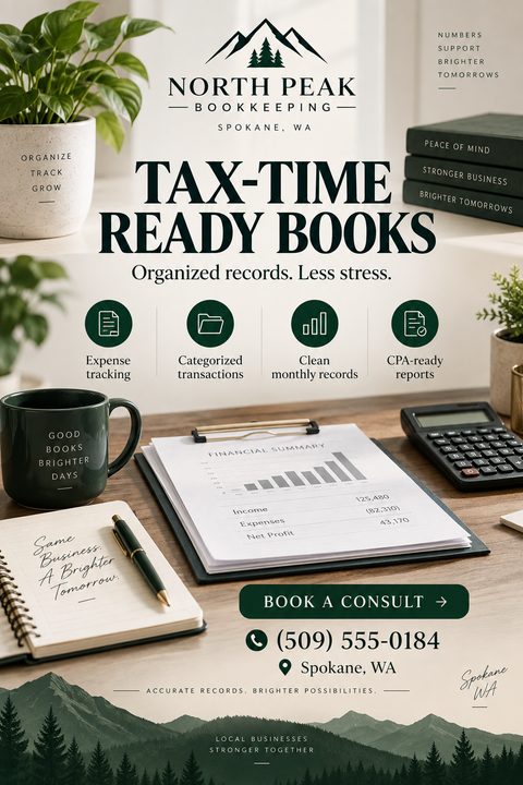 Flyer for bookkeeping services featuring a desk with a financial summary, calculator, and coffee mug. Text reads 'Tax-Time Ready Books' with icons for expense tracking and CPA-ready reports.