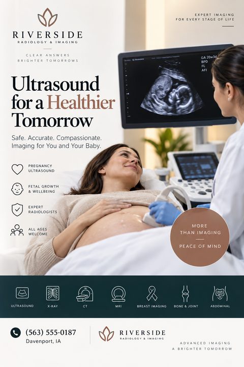 A flyer for a radiology and imaging clinic featuring a pregnant woman receiving an ultrasound. The flyer lists services like pregnancy ultrasound, fetal growth, expert radiologists, and all ages welcome. It also includes icons for ultrasound, x-ray.
