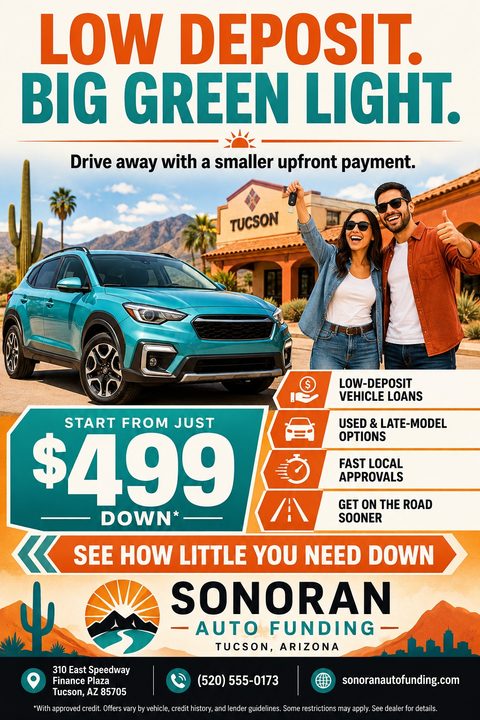 A vibrant auto finance flyer featuring a happy couple holding car keys next to a teal SUV. Bold orange and teal text promotes low-deposit vehicle loans and fast local approvals.