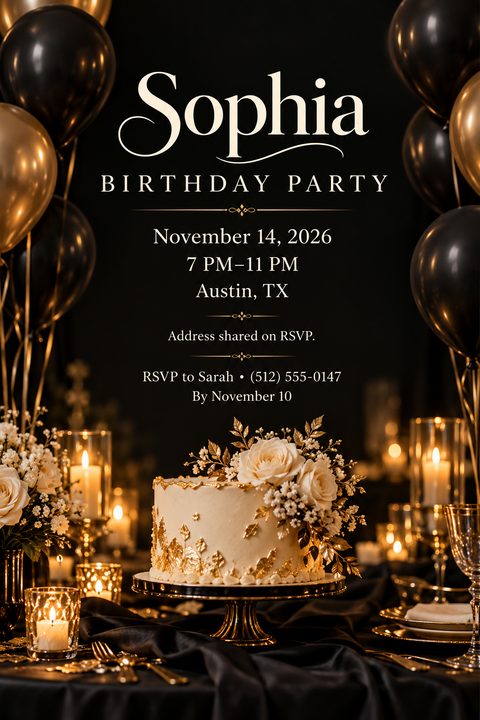 A birthday party invitation flyer with a black background. It features gold and black balloons at the top and a white cake decorated with gold leaves and white roses at the bottom, surrounded by lit candles.