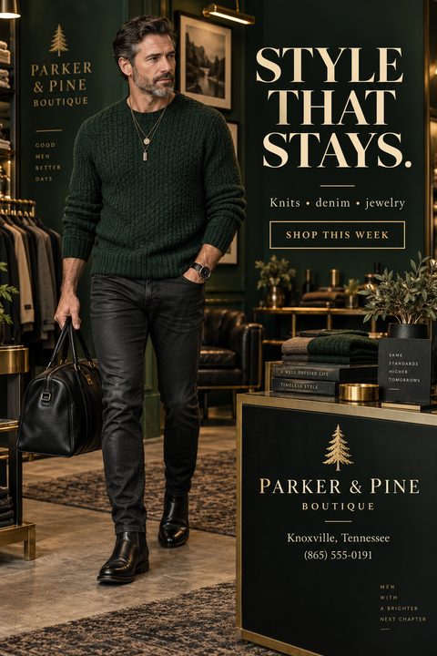 A flyer for a men's boutique featuring a man in a green sweater and black jeans walking through a store. The text reads 'Style That Stays. Knits, denim, jewelry. Shop this week.'