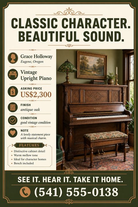 Flyer titled 'Classic Character. Beautiful Sound.' advertising a vintage upright piano for sale. Includes a large photo of an antique oak piano, a list of details like asking price and condition, and contact information at the bottom.
