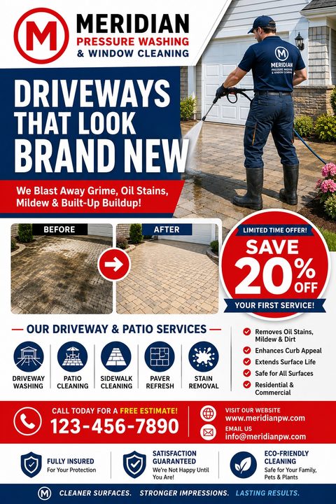 A pressure washing flyer featuring a worker cleaning a driveway, a clear before-and-after photo comparison, service icons, a red 20% off discount circle, and contact information on a navy, red, and white background.