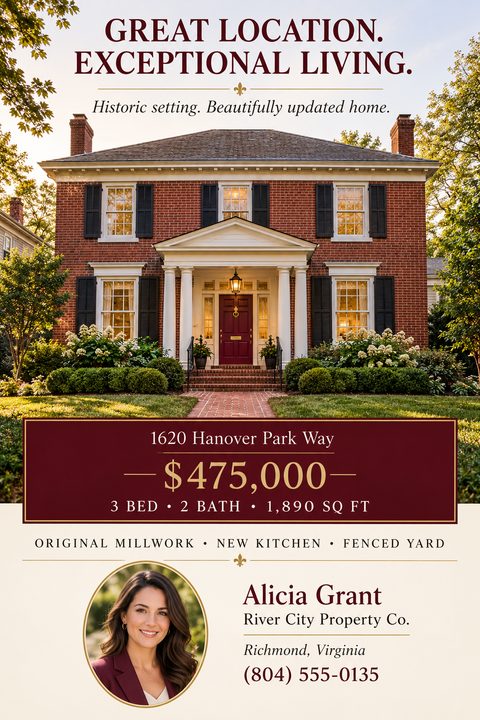A real estate listing flyer featuring a large photo of a traditional brick home. It has a cream background with burgundy text boxes, gold accents, property details, and an agent headshot.