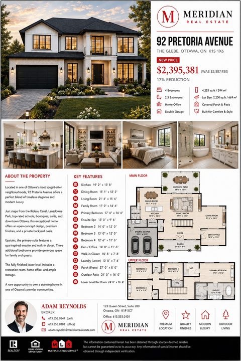 Real estate flyer for a price-reduced property featuring a large exterior photo of a modern house, four interior photos, detailed property description, key features list, and full main and upper floor plans.