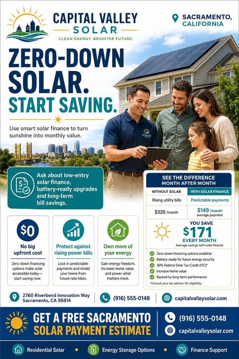 Flyer for Capital Valley Solar titled 'Zero-Down Solar. Start Saving.' featuring a solar representative showing a tablet to a family in front of a house with solar panels. Includes a savings comparison chart and benefits like no upfront cost and.