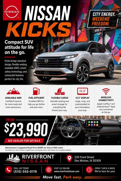 Car dealership flyer promoting a compact SUV with a large photo of the vehicle, a list of features with icons, a starting price, and dealership contact information.
