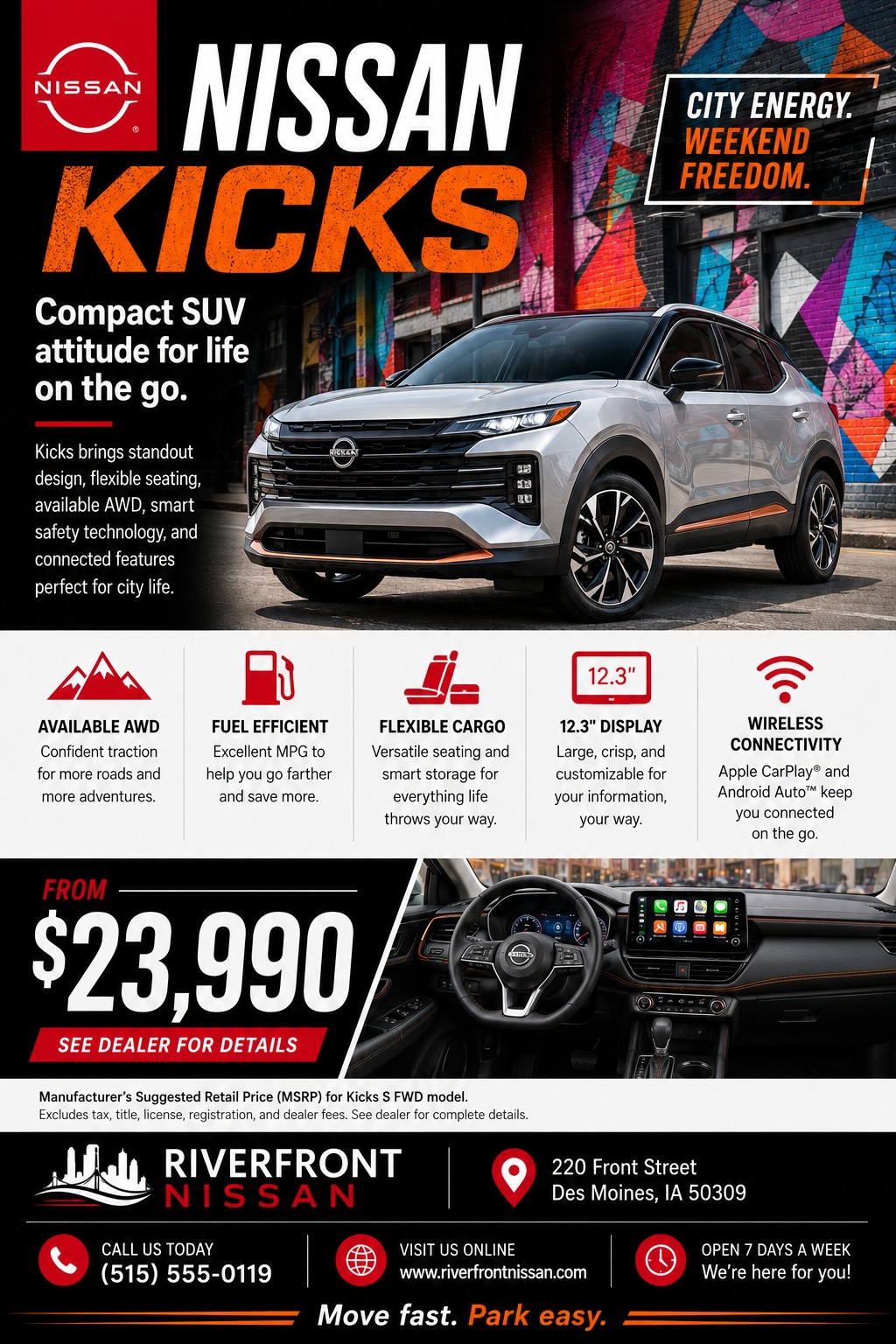 Car dealership flyer promoting a compact SUV with a large photo of the vehicle, a list of features with icons, a starting price, and dealership contact information.