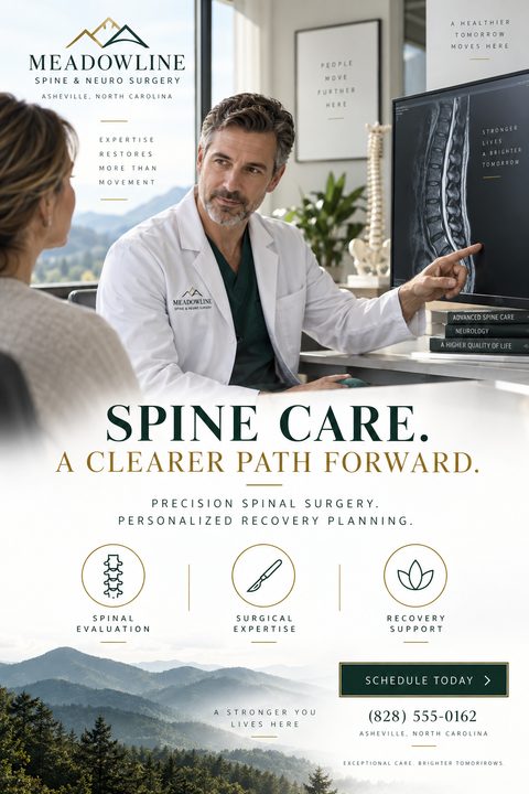 Flyer for Meadowline Spine & Neuro Surgery. Top half shows a doctor in a white coat pointing to a spine MRI on a monitor while talking to a patient. Bottom half lists services with icons: Spinal Evaluation, Surgical Expertise, Recovery Support. A.
