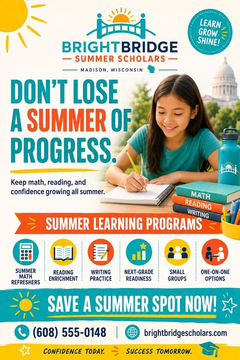 Flyer for a summer learning program featuring a young girl writing in a notebook outdoors. Text reads 'Don't lose a summer of progress' and lists math, reading, and writing programs.