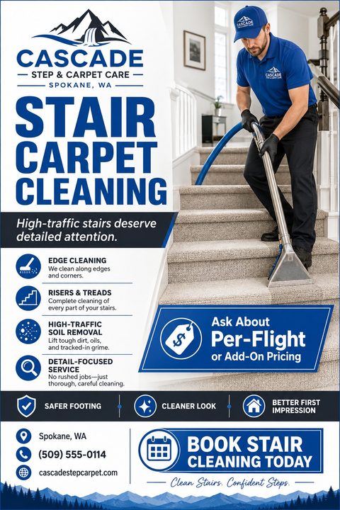 A flyer for Cascade Step & Carpet Care advertising Stair Carpet Cleaning. It features a photo of a man in a blue uniform using a carpet cleaning wand on carpeted stairs. The flyer lists services like edge cleaning, risers & treads, high-traffic soil.