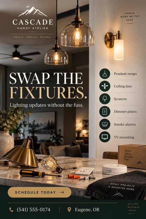 A handyman flyer featuring a warm, moody interior with glowing pendant lights. A counter displays tools, a lightbulb, and a smoke alarm. A list of services with icons runs down the right side.