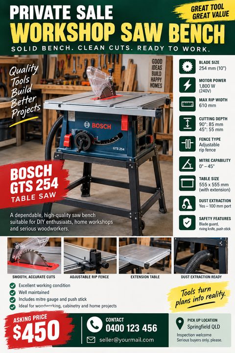 Flyer for a private sale of a workshop saw bench. Features a large photo of a Bosch table saw, four smaller detail photos, a list of specifications with icons, and a prominent asking price of $450.
