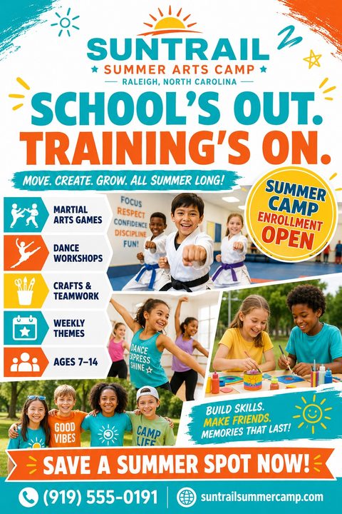 Summer camp flyer with a bright, colorful design. Features photos of kids doing martial arts, dancing, and crafting. Text reads 'School's Out. Training's On.' and 'Summer Camp Enrollment Open'. Includes icons for activities and contact info at the.