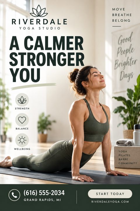 A flyer for a yoga studio featuring a woman doing an upward-facing dog pose on a yoga mat in a bright studio. Text reads 'A Calmer Stronger You' with icons for strength, balance, and wellbeing.